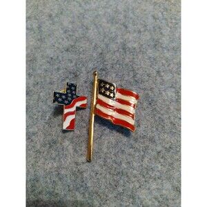 American Flag &‎ Cross Pin Set Patriotic USA Enamel Lapel Brooch